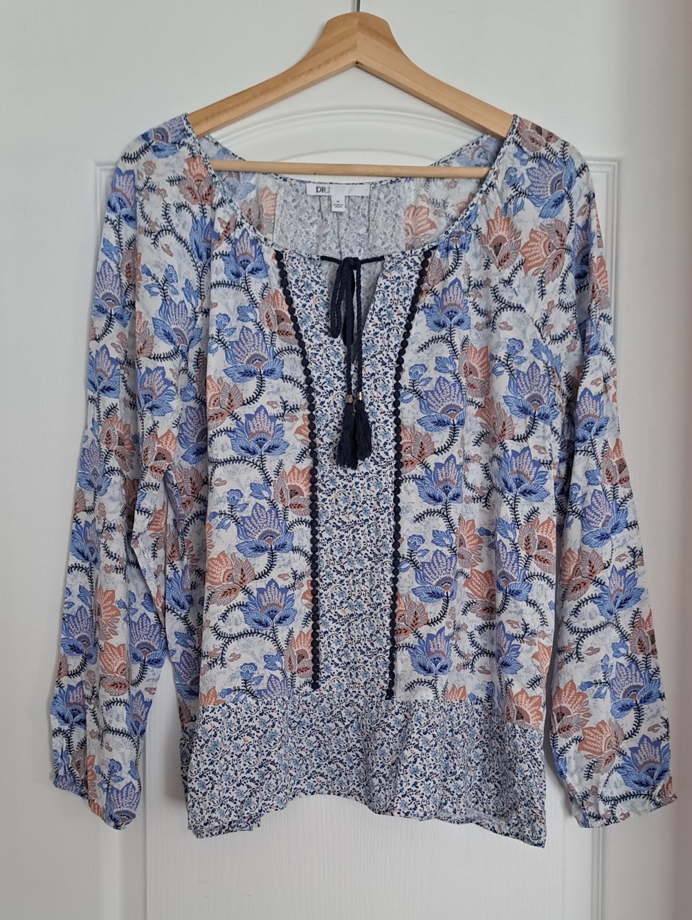 DR2 Blue and Rust Floral Peasant Top with Tassel Tie